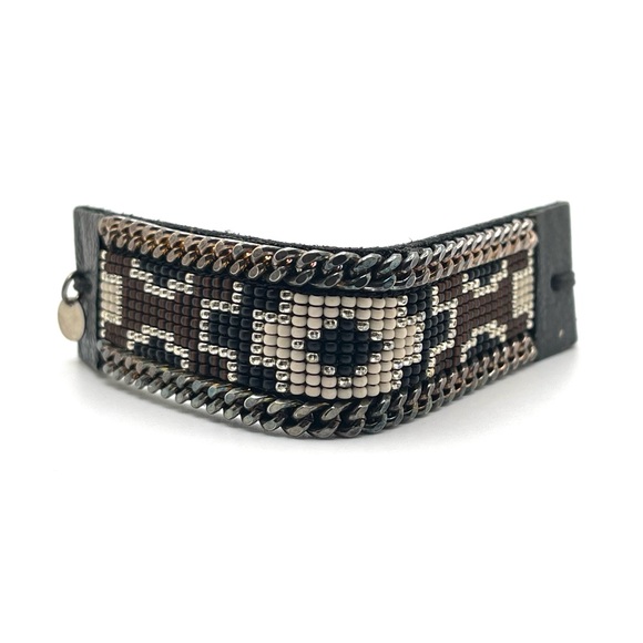 K&Z Leather Beaded Bracelet Black White Signed - Picture 2 of 8